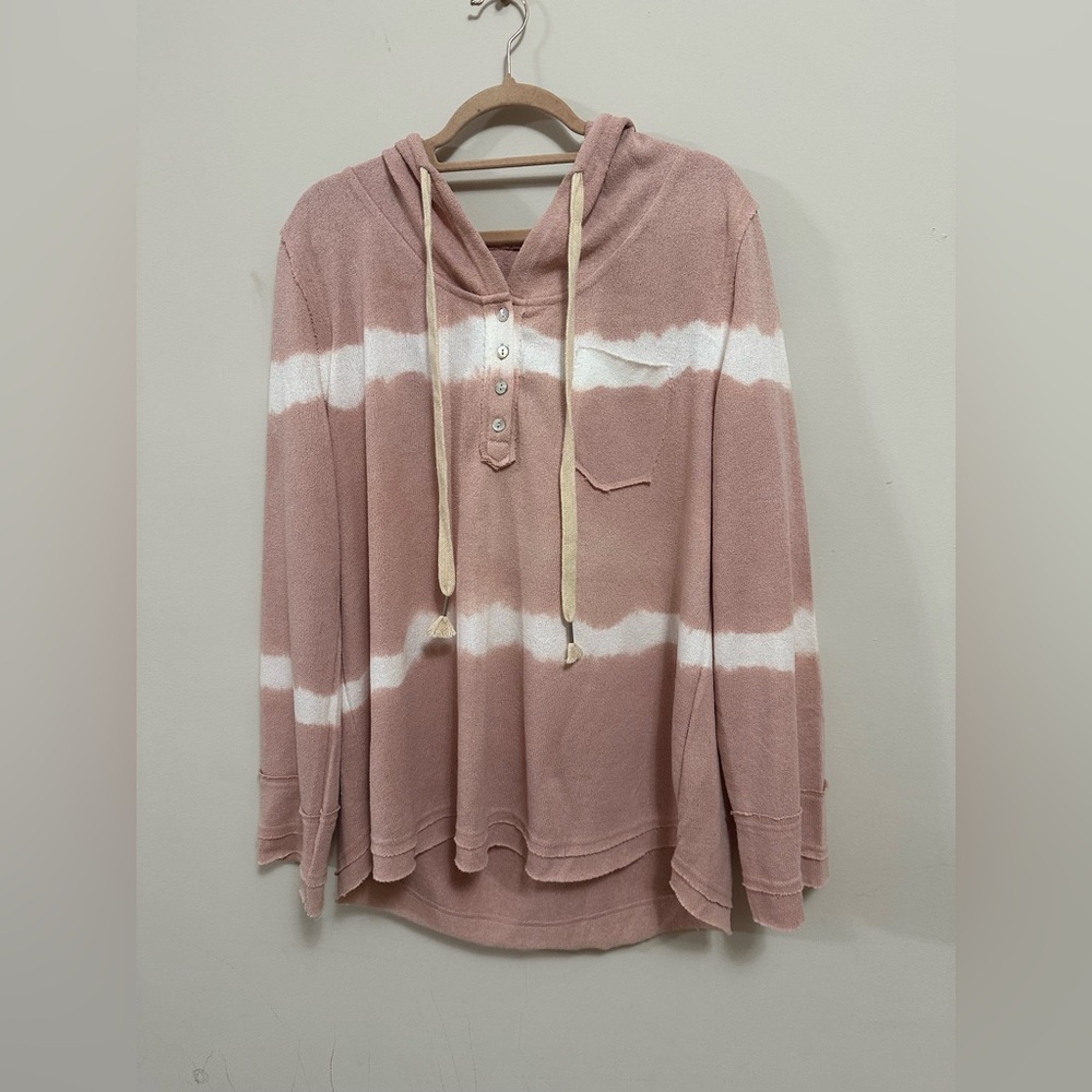 EUC POL Pink White Striped Tie Dye Hoodie Women L Soft Terry Knit Boho Pullover